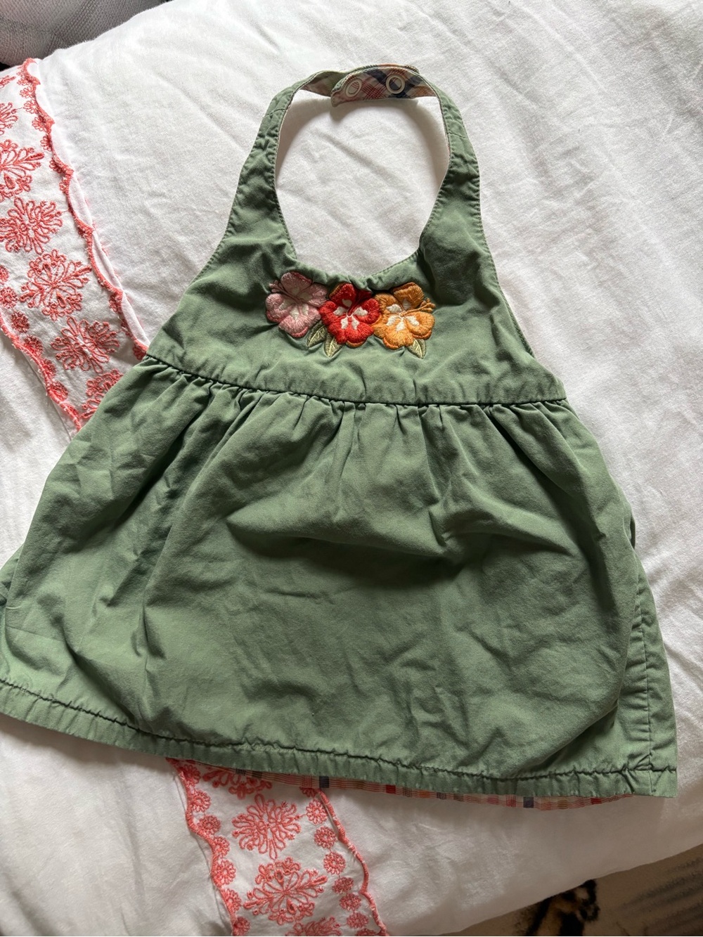 Green Floral-Accent and Plaid Baby Overall Dress